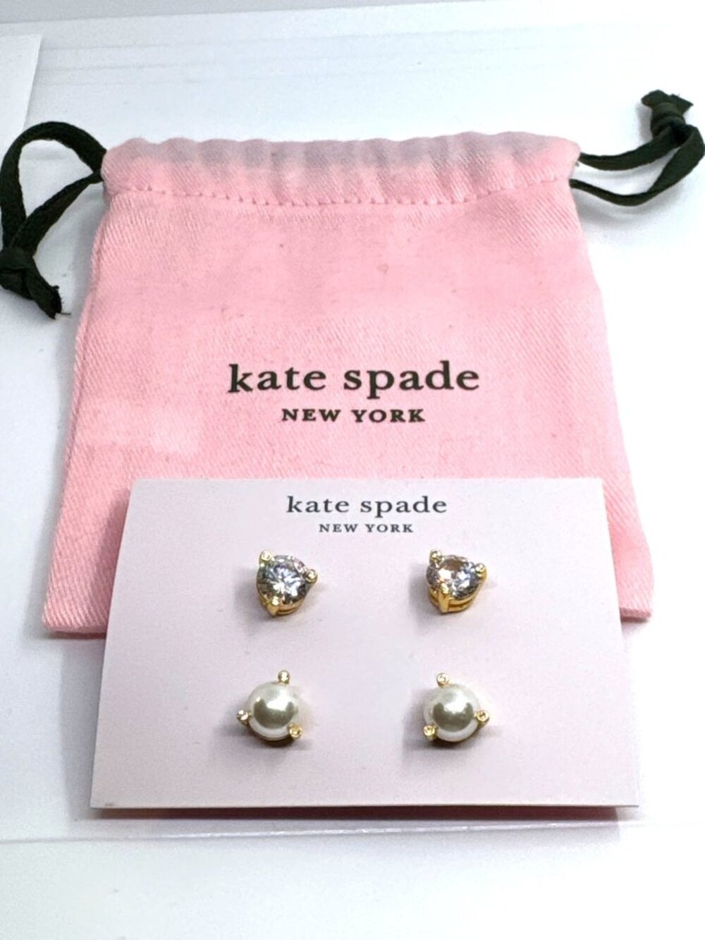 Kate Spade Rise & Shine 2 Pair Stud Earrings Set Pearl Crystal Minimalist NWT